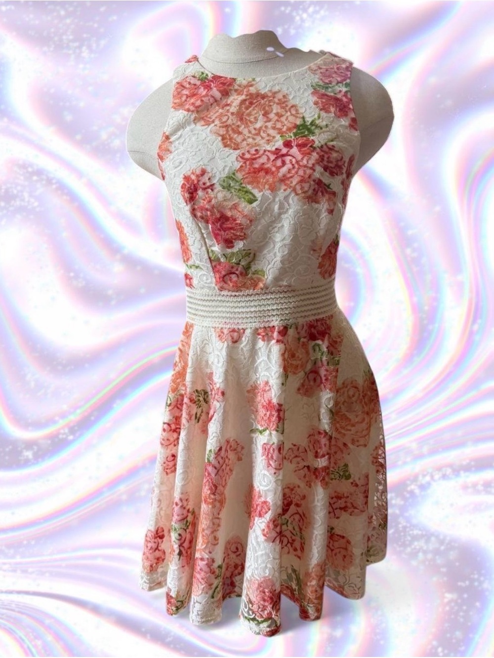 City Triangles White Lace Mini Dress with Coral Floral Print